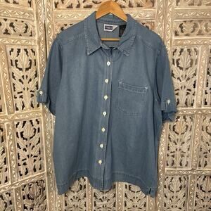 Erika Women’s Denim Shirt Short Sleeve Cotton 1 Pocket Button Front Top Size 2X